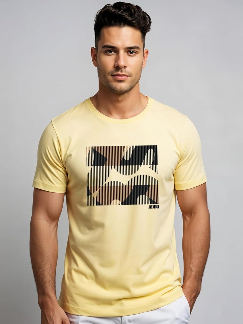 ADRO Men's Regular Fit T-Shirt with Abstract Camo Lines Design - Light Yellow, 180 GSM Cotton Lycra - Image 2