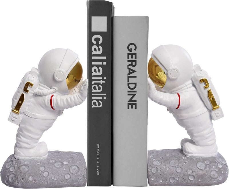 Kakizzy Decorative Space Theme Bookends - Astronaut Resin Bookends with Anti-Slip Base - Sturdy, Fun & Unique Book Holders for Heavy Books (Gold) - Image 1