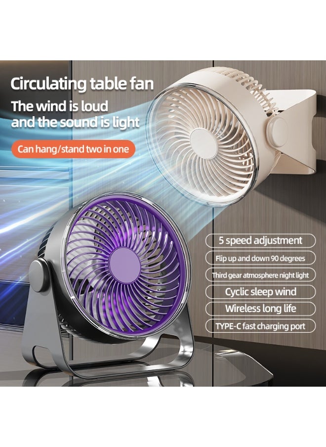 Generic Desk Fan, Dual-Mode Hanging or Standing, Multi Scene Turbo, 5-Speed Breeze, 90° Adjustable Airflow & Ambient Night Light，Long-Lasting with 8-12 hours, fast charge in 2 hours，purple and white  - Image 2