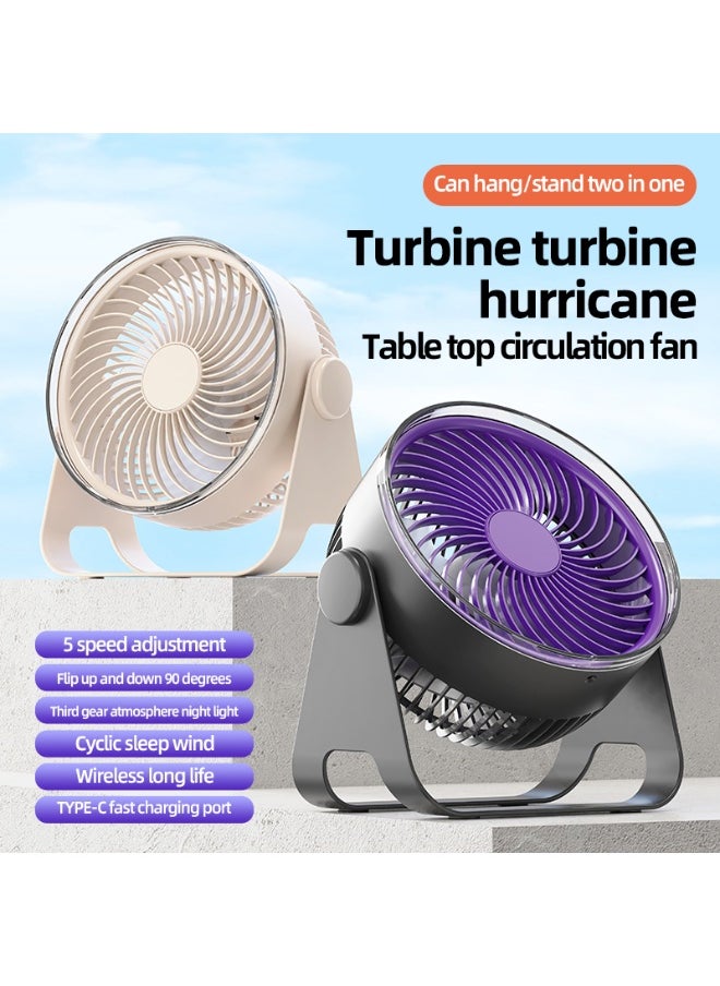 Generic Desk Fan, Dual-Mode Hanging or Standing, Multi Scene Turbo, 5-Speed Breeze, 90° Adjustable Airflow & Ambient Night Light，Long-Lasting with 8-12 hours, fast charge in 2 hours，purple and white  - Image 1