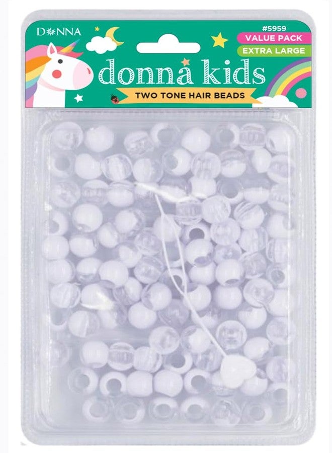 DONNA Kids Two Tone Hair Beads - Extra Large Pony Beads for Braids, Twists & Ponytails - White Assorted Colors with Threading Tool - Value Pack for Girls