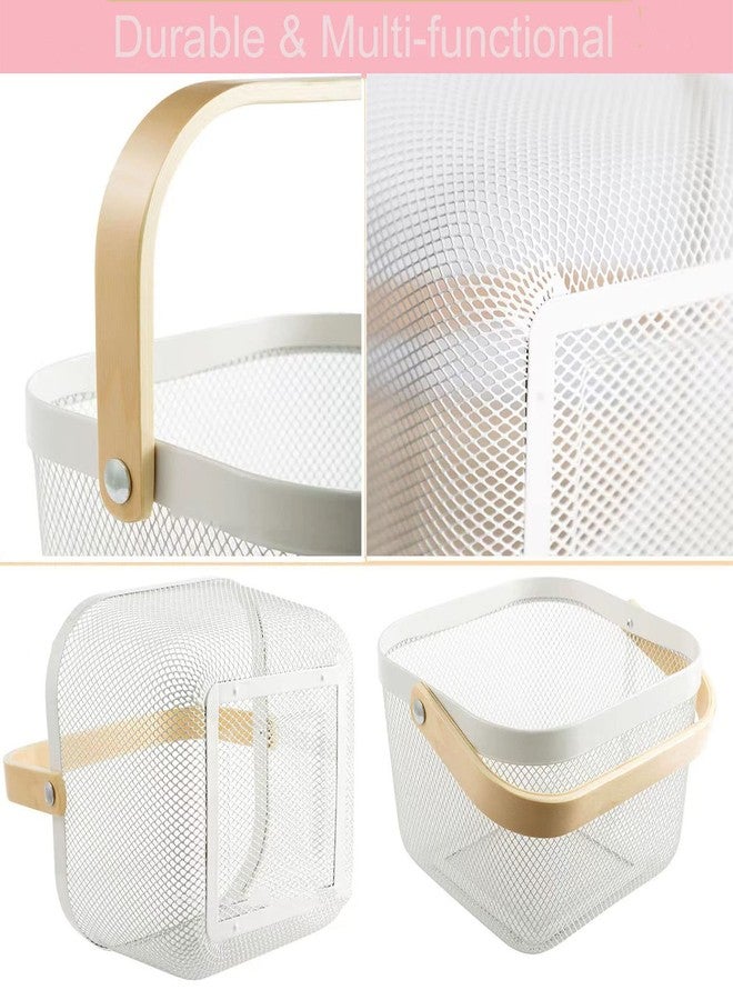 AJIODA 2 Pack Metal Mesh Steel Basket, Storage Organizer Basket Multi-function Hanging Kitchen Baskets Fruit Basket Bin with Wood Handle for Kitchen Bathroom Picnic Cabinet Home Decor, White - Image 4