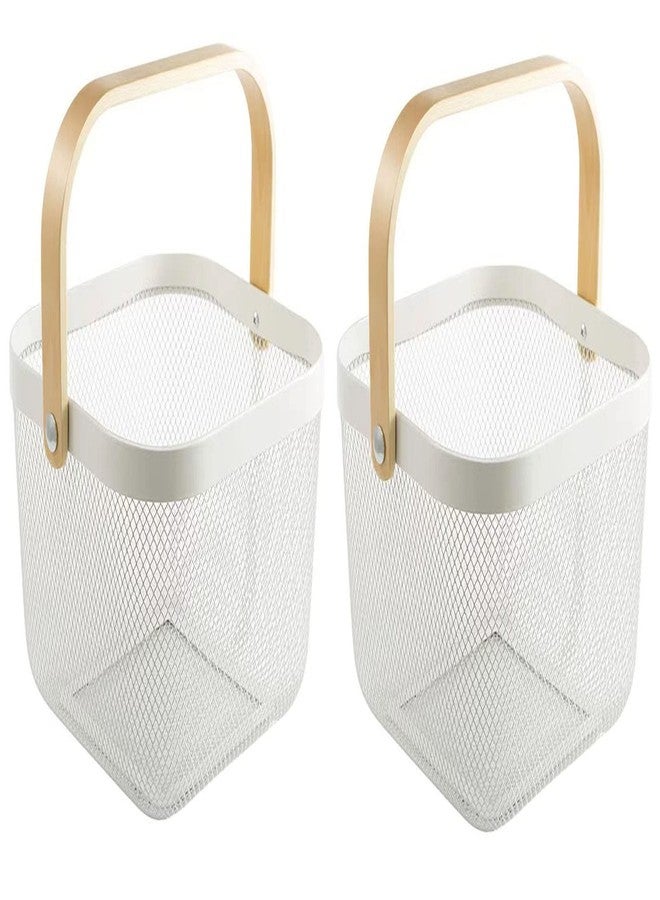 AJIODA 2 Pack Metal Mesh Steel Basket, Storage Organizer Basket Multi-function Hanging Kitchen Baskets Fruit Basket Bin with Wood Handle for Kitchen Bathroom Picnic Cabinet Home Decor, White - Image 1