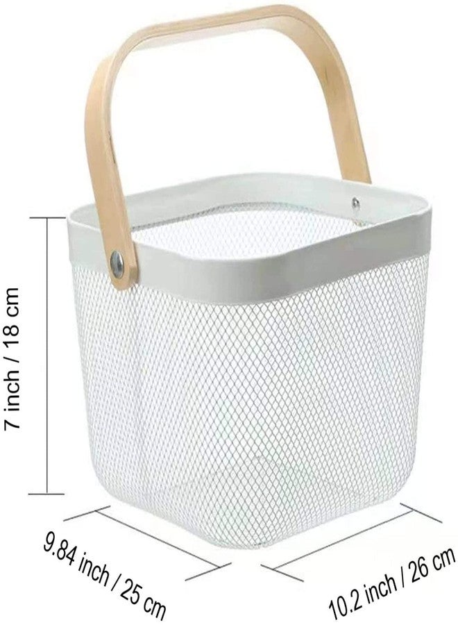 AJIODA 2 Pack Metal Mesh Steel Basket, Storage Organizer Basket Multi-function Hanging Kitchen Baskets Fruit Basket Bin with Wood Handle for Kitchen Bathroom Picnic Cabinet Home Decor, White - Image 3