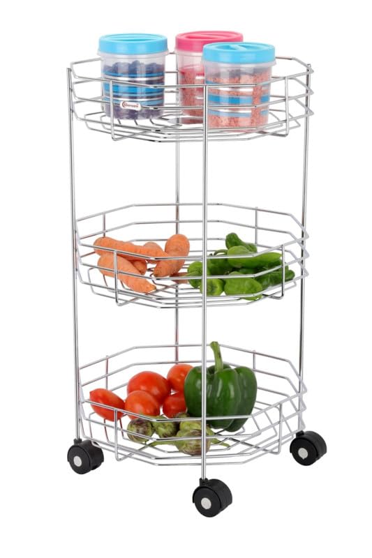 Gra8 Round Shape Trolley Stainless Steel Vegetable Organizer with Wheels Kitchen Shelf Rack Onion Potato Basket for Home KitchenOcta3 Layer