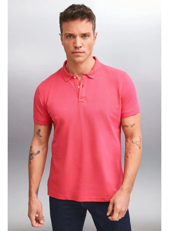 GRIMELANGE MARTEN Men's 100% Cotton Short Sleeve Regular Fit Fuchsia Polo Collar T‑shirt.