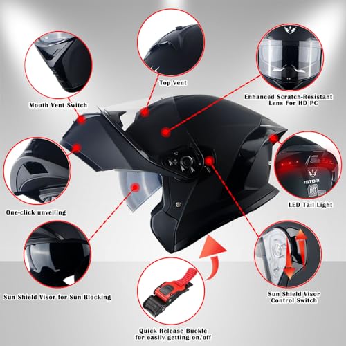 1Storm خوذة دراجة نارية جديدة 1Storm قابلة للتعديل كاملة الوجه مع واقي شمس مزدوج وضوء خلفي LED قابل للشحن: أسود غير لامع - Image 5