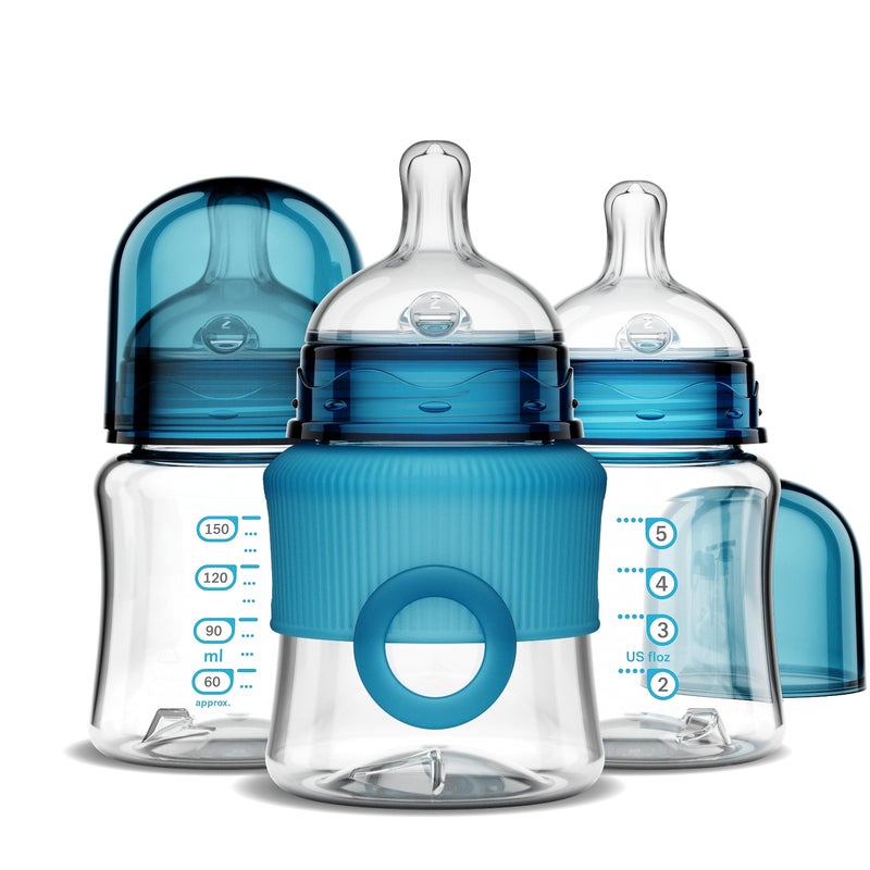 Smilo Baby Bottle Set with Stage 0 Slow Flow Anti Colic Nipple, 5 Oz / 150 ml Capacity, 3X Pack of Anti Colic Baby Bottles 0-3 Months - Aqua Blue - Image 1