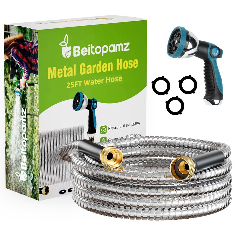 Beitopamz Garden Hose 25 ft, Stainless Steel Metal Water Hose with Nozzle, Flexible and Durable, Rust Proof, No-Kink, Heavy Duty, Leakproof 3/4'' Brass Fittings, Lightweight Hose for Patio, Lawn - Image 1