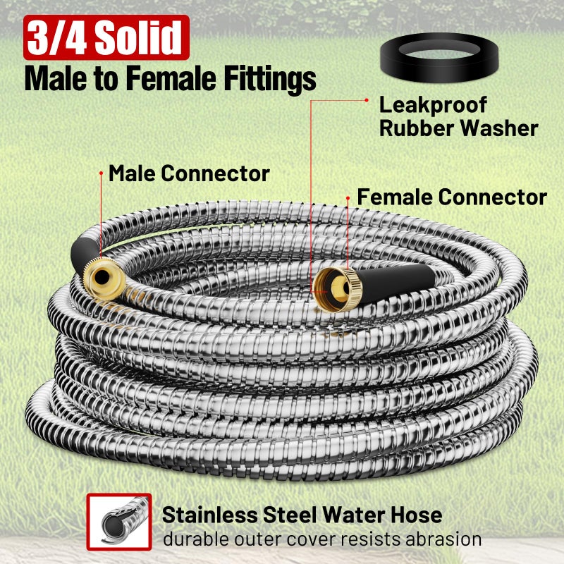 Beitopamz Garden Hose 25 ft, Stainless Steel Metal Water Hose with Nozzle, Flexible and Durable, Rust Proof, No-Kink, Heavy Duty, Leakproof 3/4'' Brass Fittings, Lightweight Hose for Patio, Lawn - Image 3