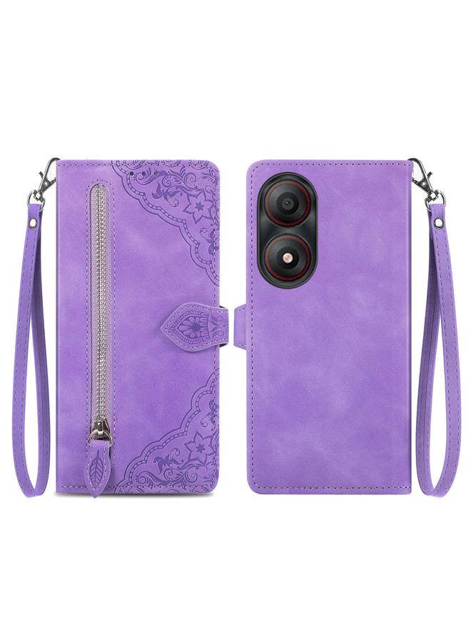 erorex Case For ZTE Blade A34 Embossed Flower Zipper Leather Phone Case - Image 1