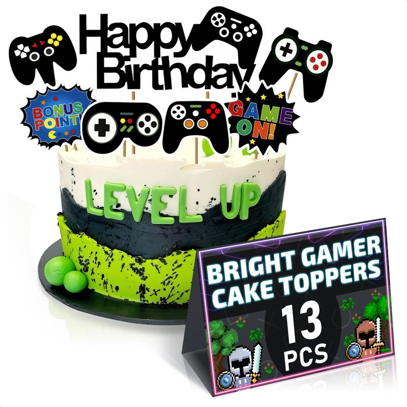 V TOWER 13 Pcs Video Game Cake Topper - Sturdy Cardboard Gamer Cake Decorations with Detailed Gamepads  Easy & Firm Installation Sticks - Splashy Video Game Decorations for Boys & Girls - Image 1