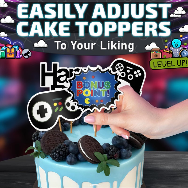 V TOWER 13 Pcs Video Game Cake Topper - Sturdy Cardboard Gamer Cake Decorations with Detailed Gamepads  Easy & Firm Installation Sticks - Splashy Video Game Decorations for Boys & Girls - Image 5