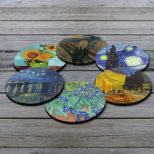 CARIBOU Coasters أكواب كاريبو - عباد الشمس فان جوخ، الصرخة، ليلة النجوم، تراس المقهى، السوسن، تصميم ليلة النجوم فوق الرون، أكواب دائرية ماصة من القماش والشعير والنيوبرين للمشروبات، مجموعة 6 قطع - Image 2