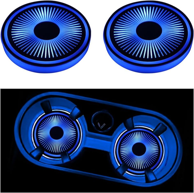 2 قطعة من أضواء حامل الأكواب LED للسيارة، شحن USB، 7 ألوان، حصيرة حامل الأكواب للسيارة، وسادة مشروبات داخلية للسيارة، مصباح ديكور جوي، مناسب لجميع السيارات (النمط 2) - Image 1