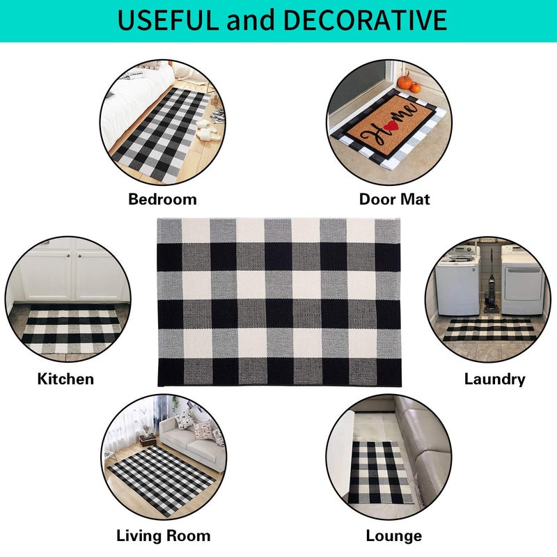 MUBIN Cotton Buffalo Plaid Rug, 2'x3' Black and White Outdoor Rug Front Door Decorative Mat, Washable Doormat Hand-Woven Foldable Area Rug Layered Door Mats Rug for Front Porch, Entryway, Patio - Image 2