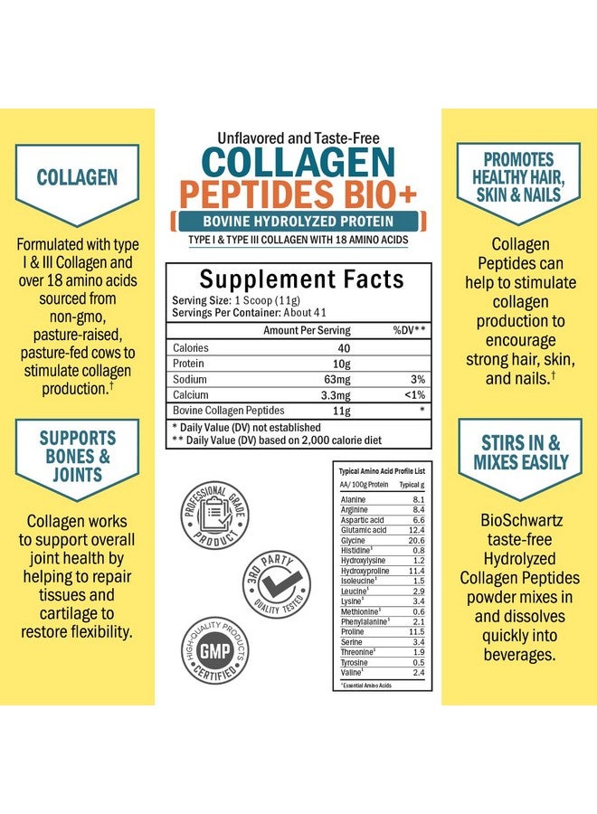 BioSchwartz مسحوق ببتيدات الكولاجين من لحم العشب مع الأحماض الأمينية يعزز صحة البشرة والشعر والأظافر دعم العظام والمفاصل مهدرج بدون نكهة غير معدّل وراثيًا خالي من الغلوتين سهل الخلط 16 أونصة - Image 4