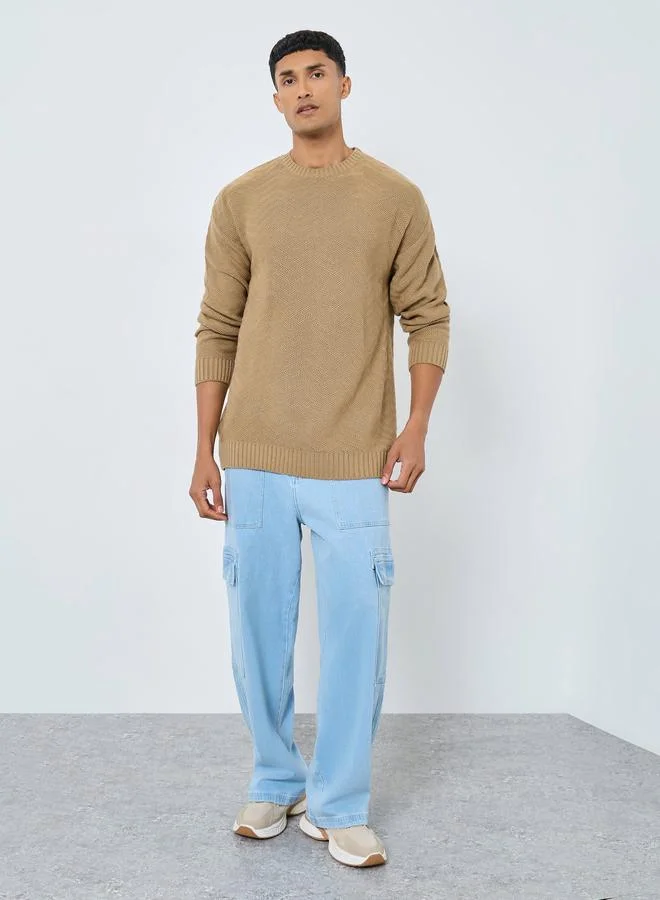 Styli Men Beige Oversized Knit Sweater