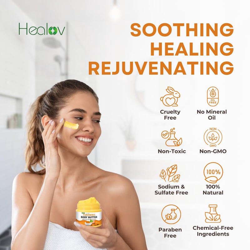 Healov كريم وجه الكركم - لوشن تفتيح البشرة الطبيعي بالكامل - زبدة الجسم المخفوقة بالكركم للبقع الداكنة، فرط التصبغ - منتجات العناية بالبشرة بالكركم تنظف، تحارب حب الشباب، توحد اللون، الندوب، أضرار الشمس - Image 4