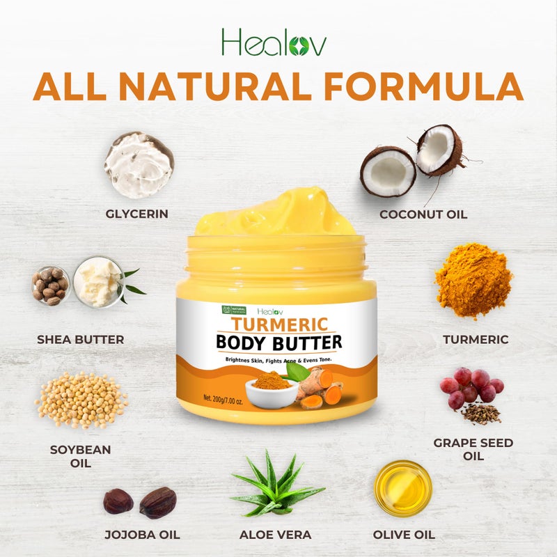 Healov كريم وجه الكركم - لوشن تفتيح البشرة الطبيعي بالكامل - زبدة الجسم المخفوقة بالكركم للبقع الداكنة، فرط التصبغ - منتجات العناية بالبشرة بالكركم تنظف، تحارب حب الشباب، توحد اللون، الندوب، أضرار الشمس - Image 5