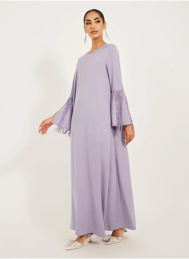 Styli matte satin jalabiya with tassel trims at sleeve hem