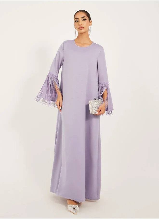 Styli matte satin jalabiya with tassel trims at sleeve hem