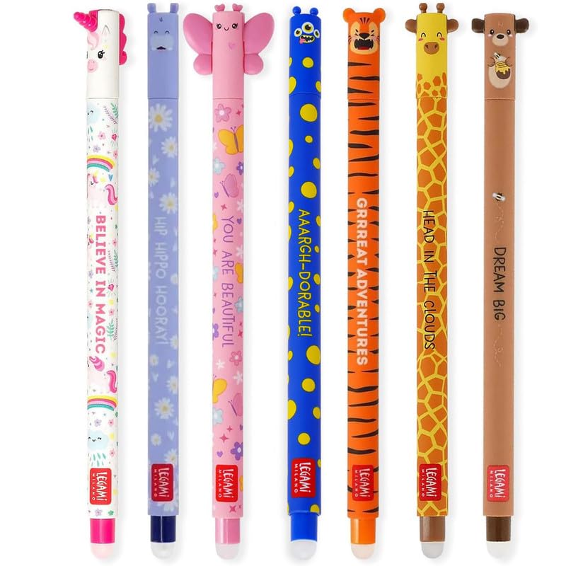LEGAMI Set of 7 Erasable Gel Pens with Thermosensitive Erase Ink Range of ink colours barrel designs 07mm Tip Unicorn Hippo Butterfly Corgi Tiger Giraffe Teddy Bear Designs - Image 1
