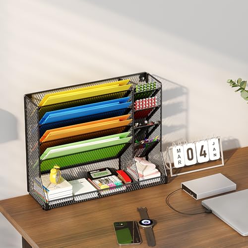 Jakyitvi File Organizer Wall Mounted, 4 Tiers Durable Adjustable Metal Desk Organizer, Desktop Hanging File Holder with 4 Pen Slots Stable, 4 Pull-Out Divider for File, Mail, Black, Patent Pending - Image 4