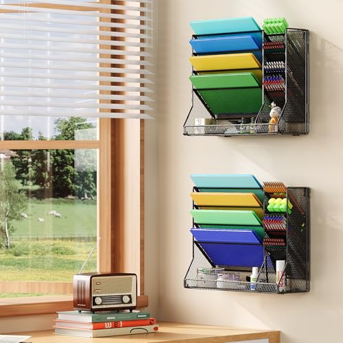 Jakyitvi File Organizer Wall Mounted, 4 Tiers Durable Adjustable Metal Desk Organizer, Desktop Hanging File Holder with 4 Pen Slots Stable, 4 Pull-Out Divider for File, Mail, Black, Patent Pending - Image 3