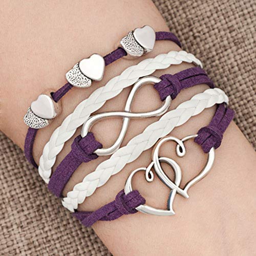Hithop Leather Wrap Bracelets Women Double Hearts Infinity Rope Wristband Bracelets Gifts (Purple) - Image 2