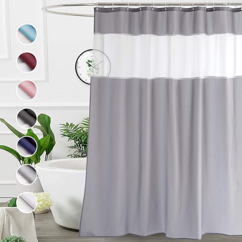 UFRIDAY 96 inch Long Shower CurtainXLong Light Grey and White Fabric Shower Curtain for Bathroom with Mesh Window Weighted Bottom Hem Machine Washable Extra Long 72 x 96 Inches