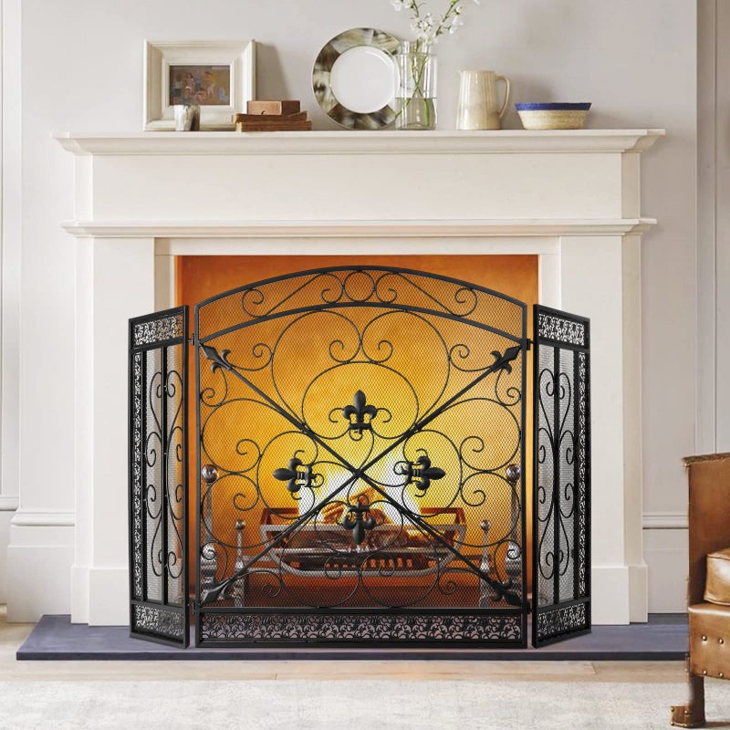 BEAMNOVA BEAMNOVA Fireplace Screen 3 Panel Decorative Flat Cover Modern Outdoor Protector Rustic Vintage Arched Mesh Freestanding Iron Vintage 524 x 307 in  133 x 78 cm 
