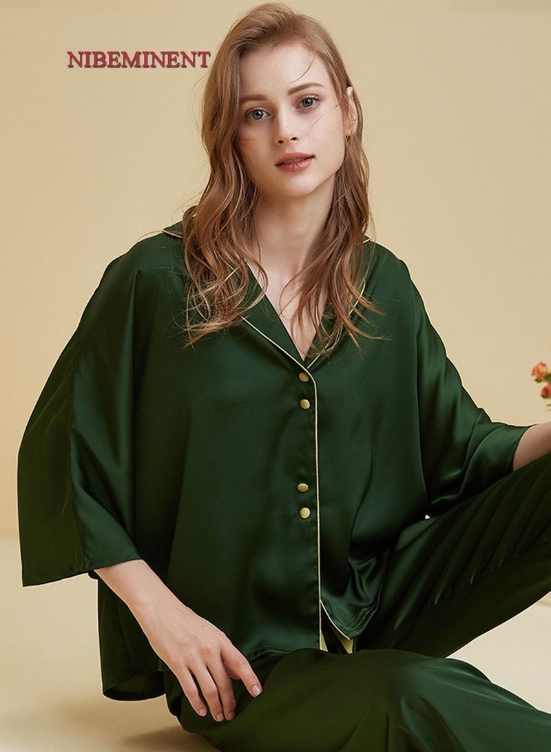 NIBEMINENT 2 Piece Women's Pyjama Set Ice Silk Pajamas Women's Summer Thin Polo Collar for a Slim and Cool Fabric Home Suit Set  - Image 1