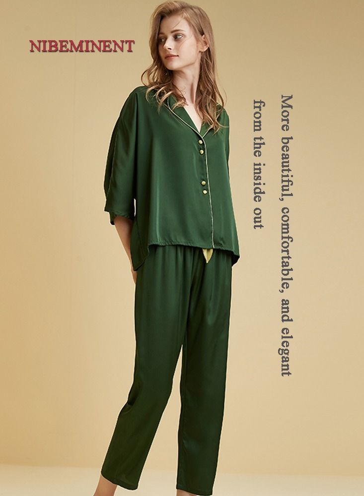 NIBEMINENT 2 Piece Women's Pyjama Set Ice Silk Pajamas Women's Summer Thin Polo Collar for a Slim and Cool Fabric Home Suit Set  - Image 3