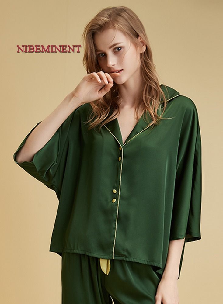 NIBEMINENT 2 Piece Women's Pyjama Set Ice Silk Pajamas Women's Summer Thin Polo Collar for a Slim and Cool Fabric Home Suit Set  - Image 5