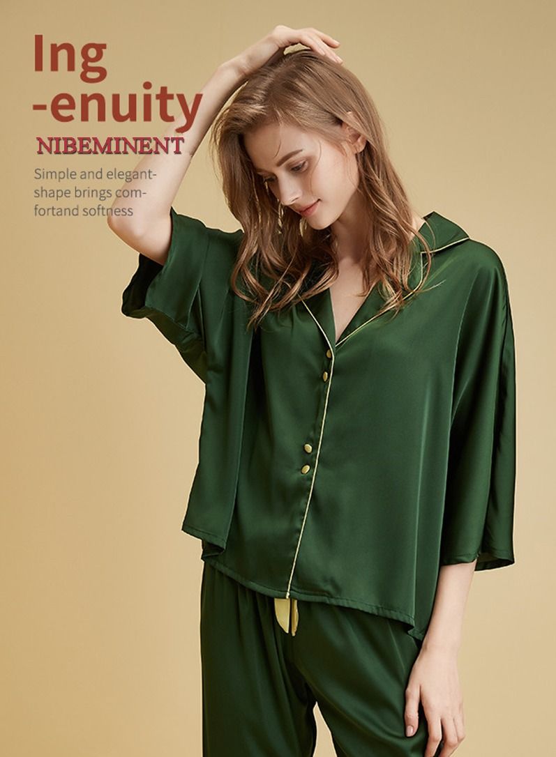 NIBEMINENT 2 Piece Women's Pyjama Set Ice Silk Pajamas Women's Summer Thin Polo Collar for a Slim and Cool Fabric Home Suit Set  - Image 2