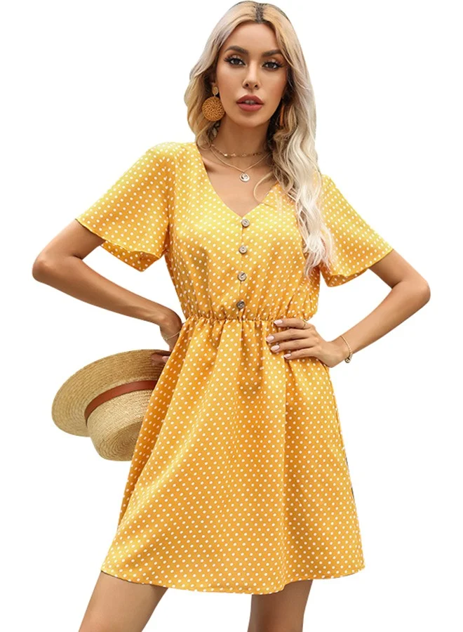 يونيكي Yellow Polka Dot Print Mini Dress