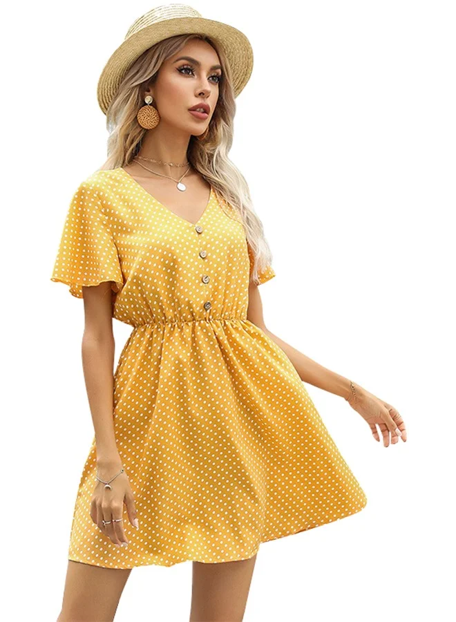 يونيكي Yellow Polka Dot Print Mini Dress