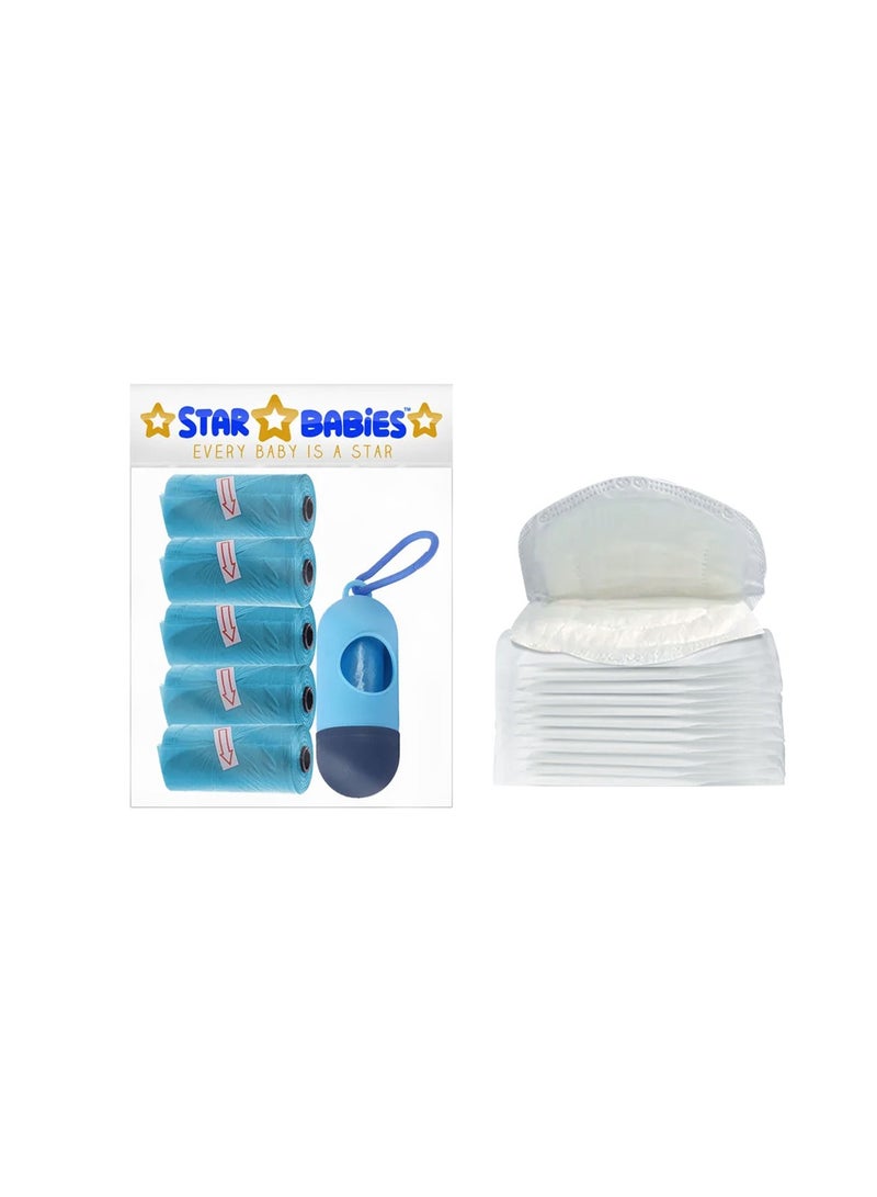 STAR BABiES Star Babies - Combo Pack of 2- Scented Bag Pack of 5 (75 Bags w/Dispenser) with Breast Pad (20 Pcs) - Blue  - Image 1