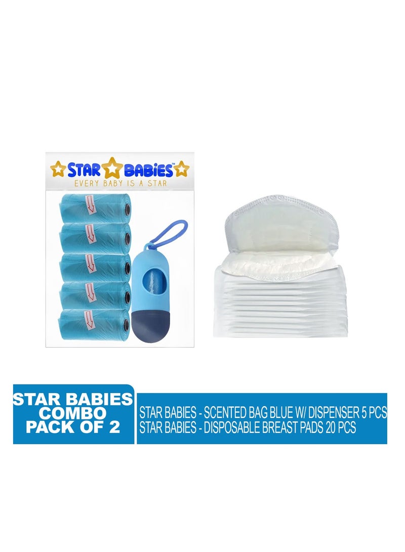 STAR BABiES Star Babies - Combo Pack of 2- Scented Bag Pack of 5 (75 Bags w/Dispenser) with Breast Pad (20 Pcs) - Blue  - Image 2