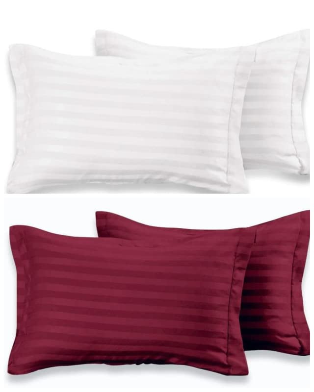 YFH Creative Super Soft Breathable Brushed Microfiber Cotton 220 GSM Luxurious Striped Pillow Covers Combo Set of 4 Peices- 18"x 28", White & Maroon - Image 1
