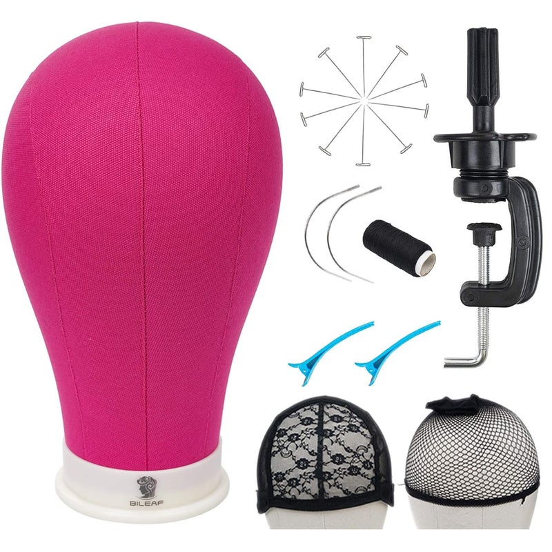 Bileaf 23 Inch Poly Canvas Block Mannequin Wig Head With Stand Colored Styling Manikin Head Set for Making Wig Display With Mount Holes C Clamp Stand(Rosy Head) - Image 1