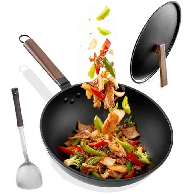 YOUWE7 مقلاة ووك من الفولاذ الكربوني مقاس 13 بوصة غير لاصقة مع غطاء وملعقة، مقلاة من الفولاذ الكربوني بدون طلاء كيميائي وسعة كبيرة للطهي، مثالية لجميع مواقد الغاز الحثي - Image 2