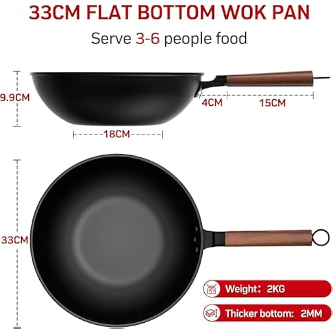 YOUWE7 مقلاة ووك من الفولاذ الكربوني مقاس 13 بوصة غير لاصقة مع غطاء وملعقة، مقلاة من الفولاذ الكربوني بدون طلاء كيميائي وسعة كبيرة للطهي، مثالية لجميع مواقد الغاز الحثي - Image 3