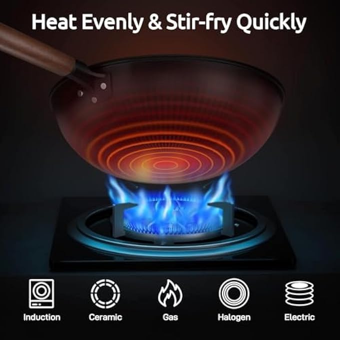 YOUWE7 مقلاة ووك من الفولاذ الكربوني مقاس 13 بوصة غير لاصقة مع غطاء وملعقة، مقلاة من الفولاذ الكربوني بدون طلاء كيميائي وسعة كبيرة للطهي، مثالية لجميع مواقد الغاز الحثي - Image 4