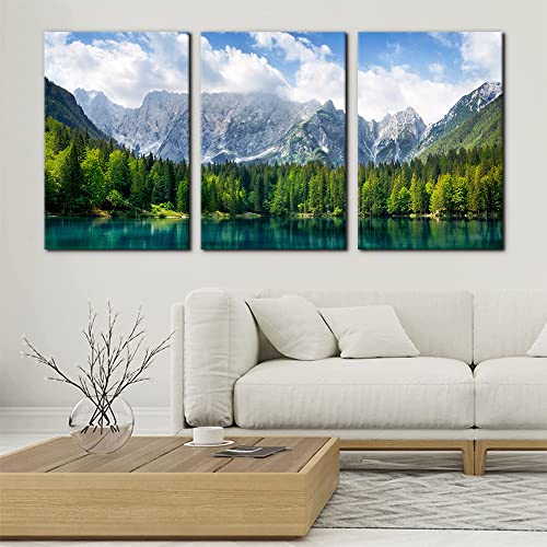Pacimo 3 Pieces Nature Scenery Wall Art Decor Beautiful Landscape with Turquoise Lake Forest and Mountains Pictures Painting Print on Canvas Modern Artwork Stretched Framed Ready to Hang - 16"x24"x3 Panel - Image 2