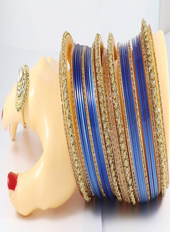 NMII طقم أساور تشودا مطلية بالذهب من NMII Premium للنساء والفتيات العرائس، مرصعة بأحجار الزركون والخرز | أساور نسائية تقليدية | طقم تشورا للنساء - (PP85-C16-أزرق-2.8) - Image 5