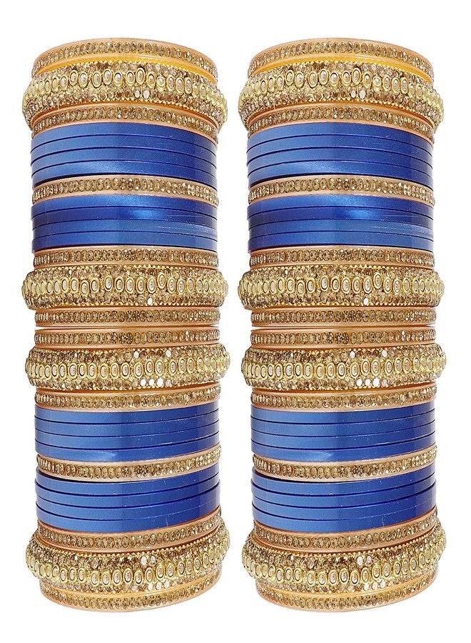 NMII طقم أساور تشودا مطلية بالذهب من NMII Premium للنساء والفتيات العرائس، مرصعة بأحجار الزركون والخرز | أساور نسائية تقليدية | طقم تشورا للنساء - (PP85-C16-أزرق-2.8) - Image 3