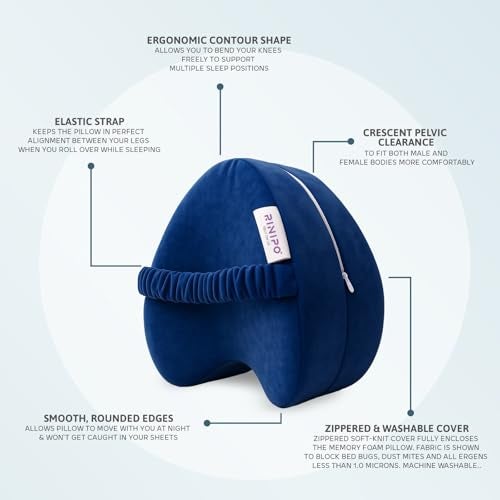 RINIPO Knee Pillow with Strap + Zip Cover - 9X9 Inch (6 Month Warranty) - Orthopedic Memory Foam for Side Sleepers | Premium Leg Cushion for Sciatica Pain Relief, Hip, Pregnancy & Knee Joint Support - Image 4