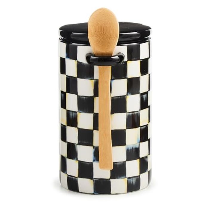MACKENZIE-CHILDS Set of 1 Farmhouse Canister, Lidded Kitchen Canister with Spoon, Black-and-White Courtly Check